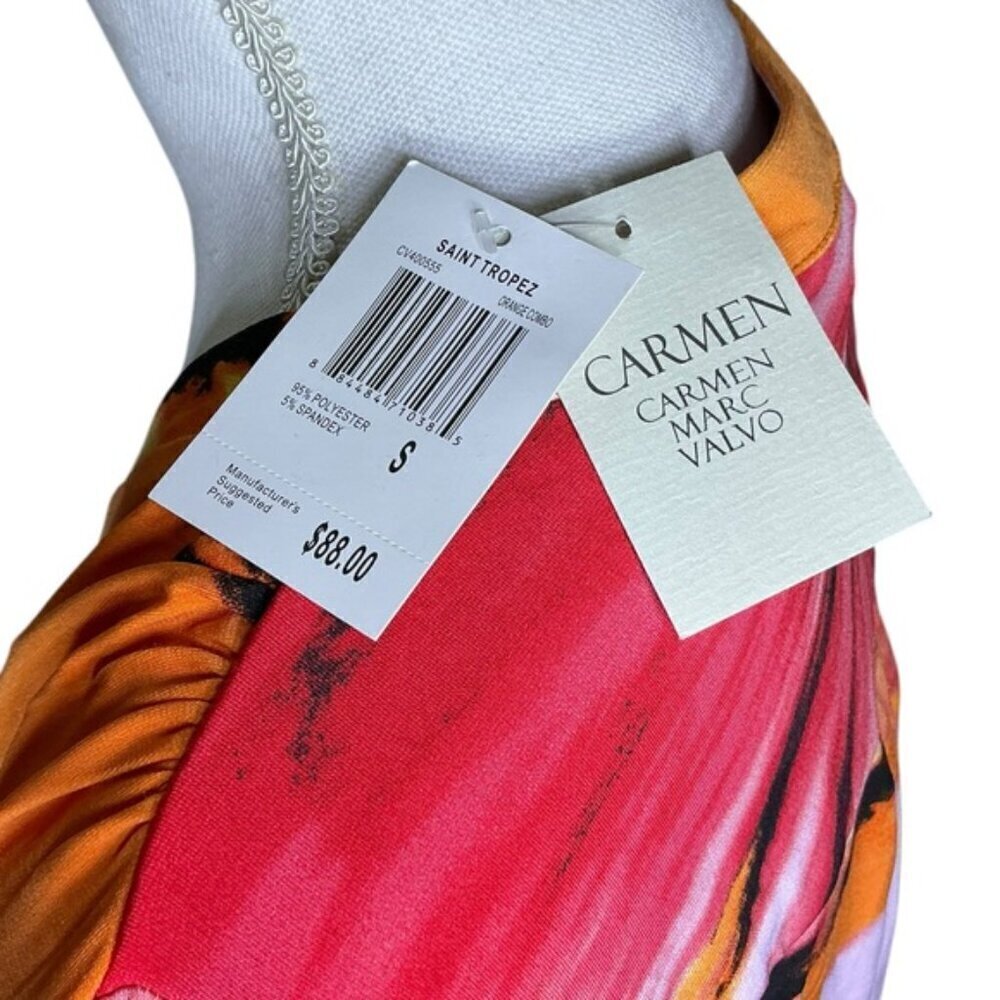 Carmen Marc Valvo Tunic V Neck Chain Long Roll Up Sleeve Tropical Coral Pink SM - Picture 7 of 16